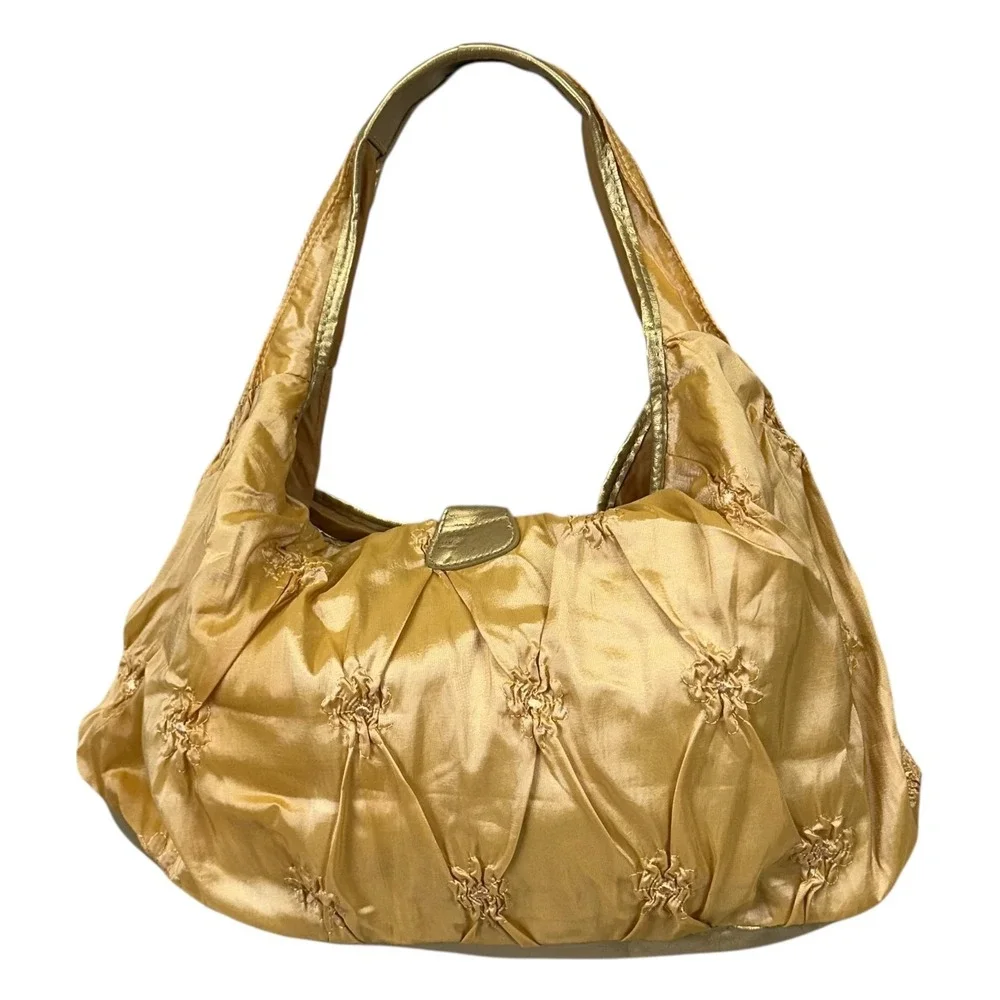 NWT‎ Chateau Shoulder Bag Womens Gold Satin Hobo Purse Ruched Metallic Evening